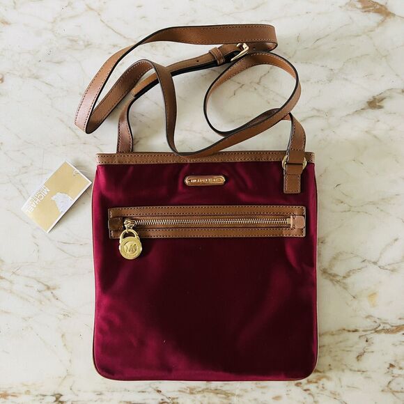 MICHAEL KORS Kempton Claret Burgundy Nylon Pocket Crossbody Bag - Picture 1 of 9